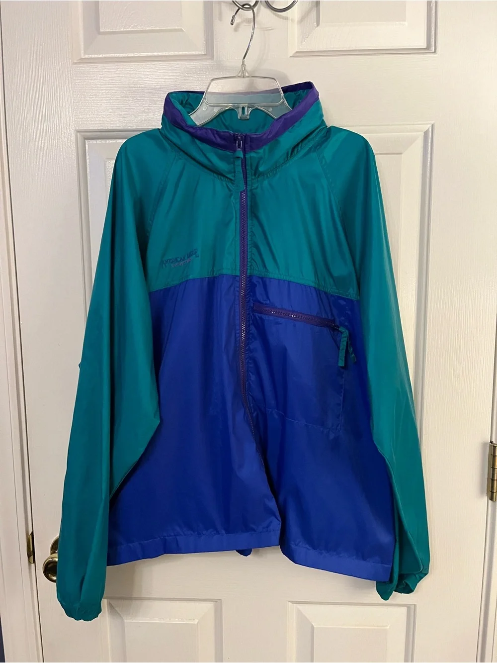Vtg American Eagle Windbreaker Adult Hidden Hood Colorblock Teal/Purple 90’s Med